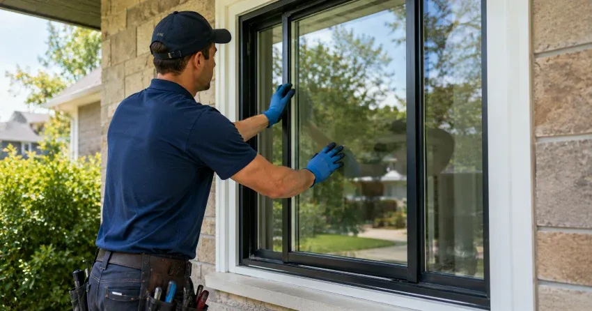 technician measuring a broken window pane for replacement in Varney, Georgina