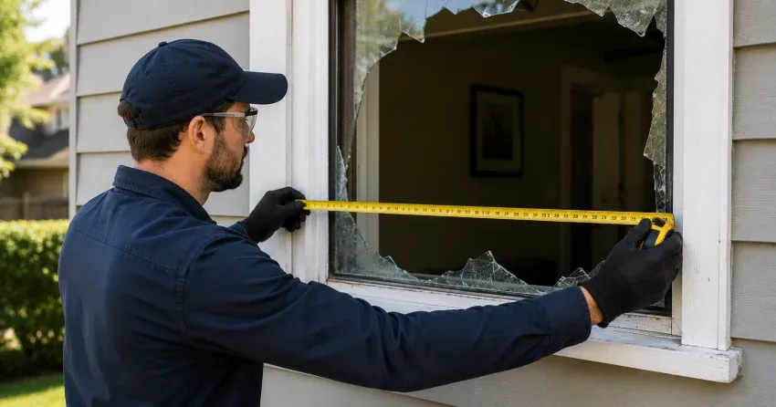 plywood board-up installed on a broken window Virginia Beach, Georgina