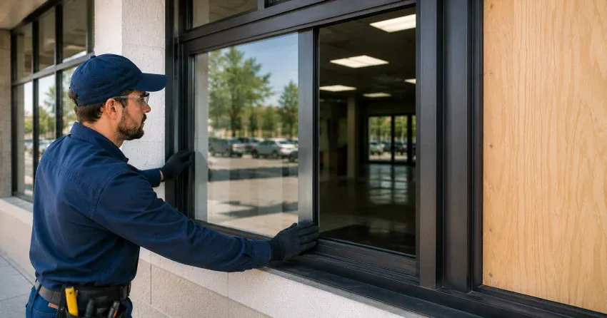 technician boarding a broken window after a break-in in Virginia, Georgina