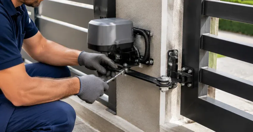 technician diagnosing automatic gate motor and control panel in Sutton, Georgina