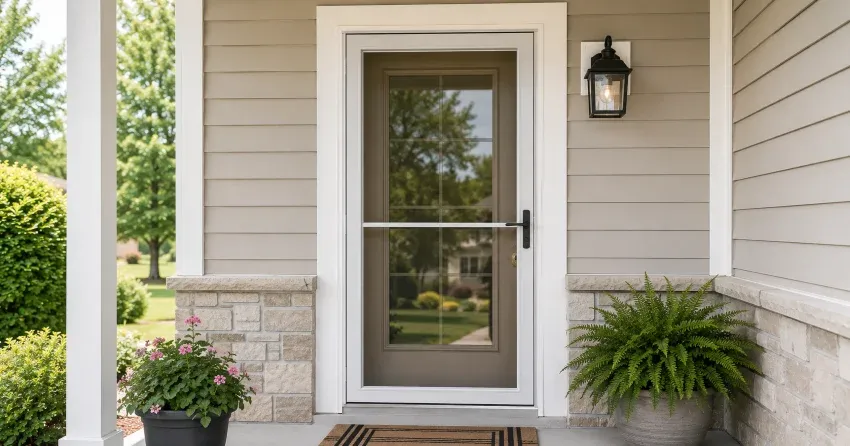 technician hanging storm door square and plumb in Georgina