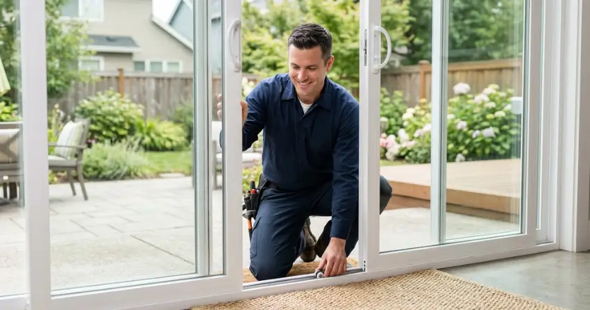 technician diagnosing a sticking patio door in Jersey, Georgina