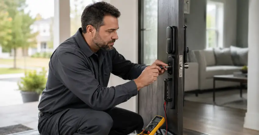 technician diagnosing automatic door lock mechanism on residential door in Jackson