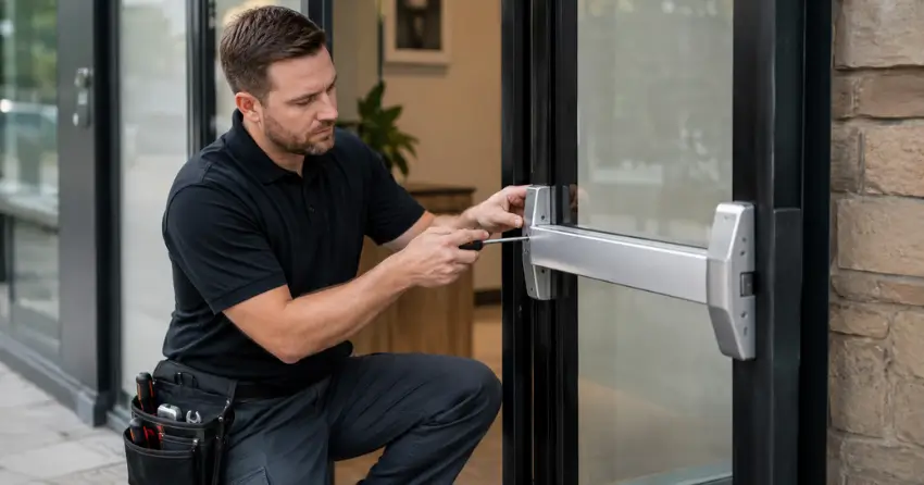 commercial locksmith repairing exit device on storefront door Georgina