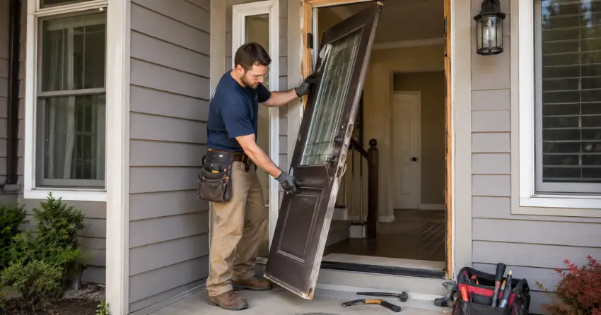 old exterior door being removed for replacement in Pefferlaw, Georgina