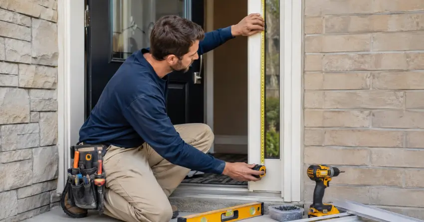 technician measuring door frame before storm door install in Georgina