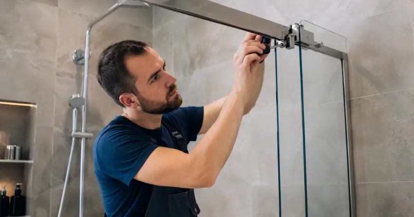 technician adjusting shower door hinge and track in McRae Beach, Georgina