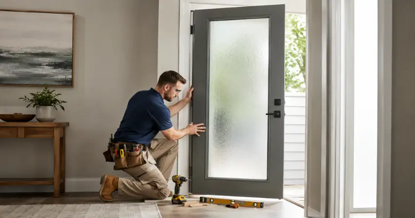 glass panel door installation with frosted privacy glass in residential setting in Bouchier