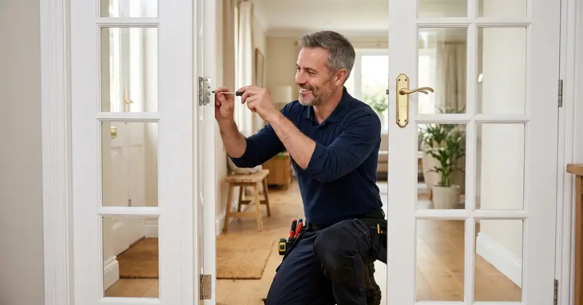 technician adjusting French door hinge for proper alignment in Jersey, Georgina