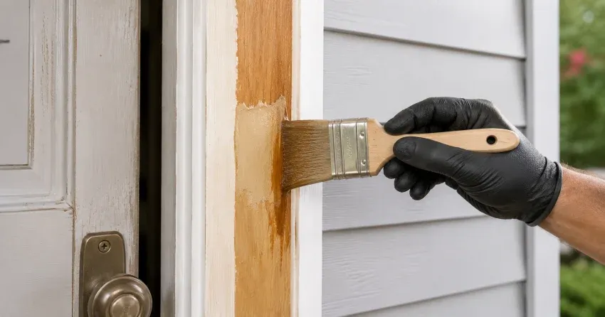 technician probing rotted wood on a door frame in Pefferlaw, Georgina
