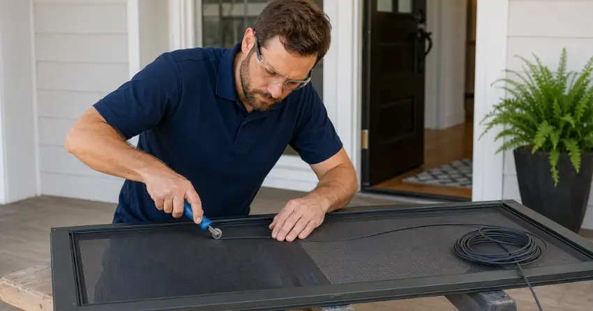 technician replacing screen door mesh and spline in Sutton West, Georgina